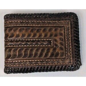 Vintage Hand Tooled Leather Bifold Wallet Western Floral Braided Edge Brown